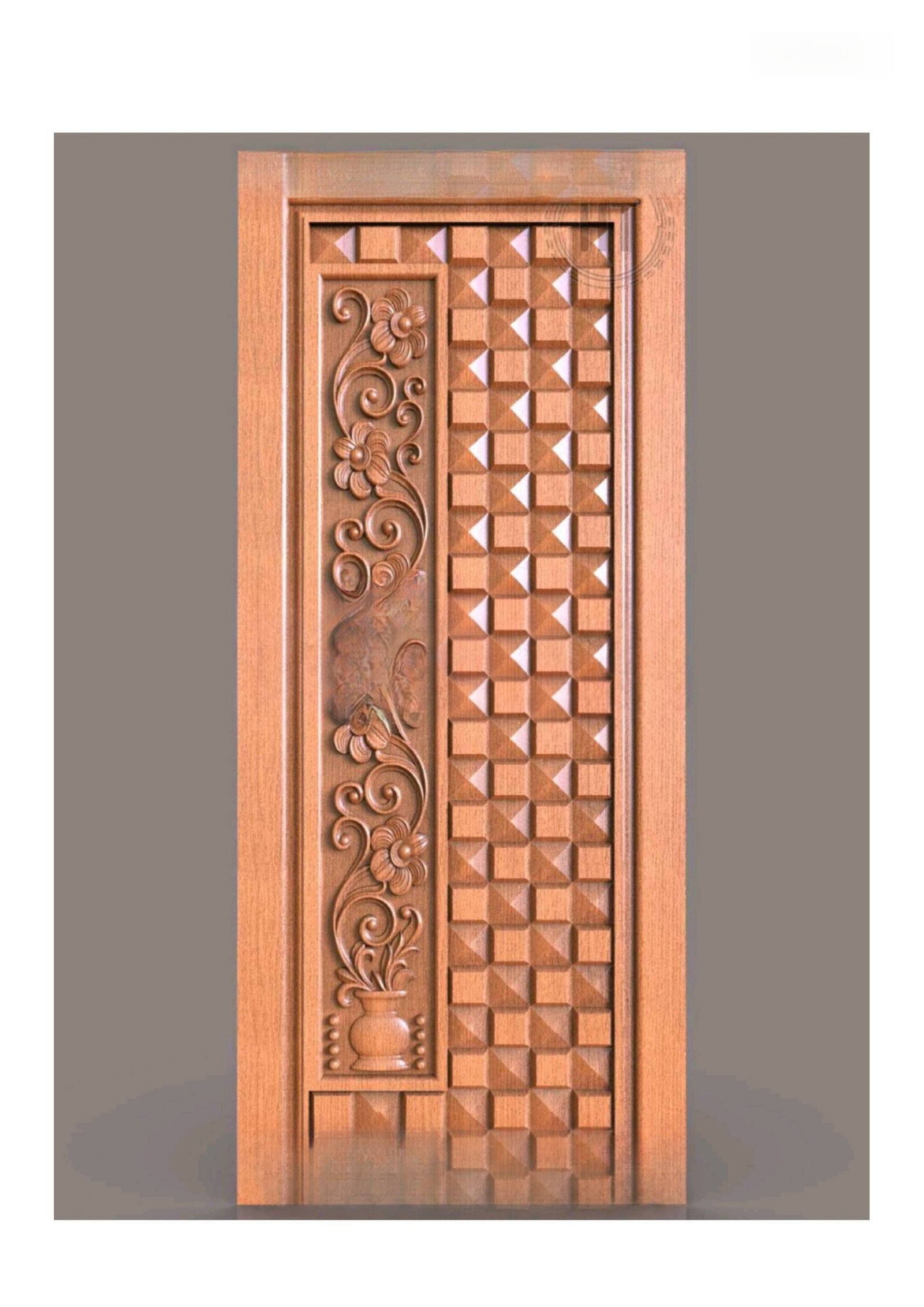 GSK HT - PAGE-12 Floral Motif and Geometric Pyramid Carved Wooden Door 3D Model
